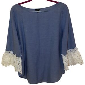 Ann Taylor factory Blue Cotton Flared Lace Sleeve Chambray Top Size L